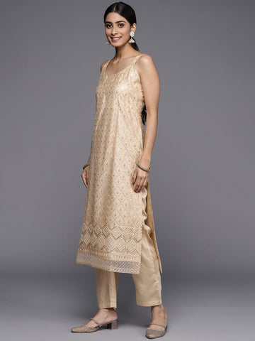 Varanga Cream Net Embroidered Kurta Paired With Tonal Bottom And Dupatta